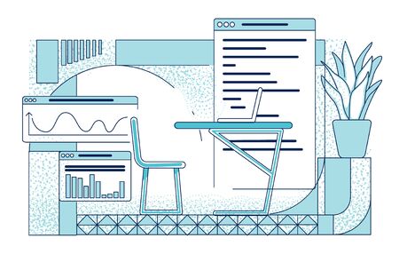 Financial analyst workplace outline vector illustration. Contemporary analytics office interior design contour composition on white background. Computer on desk, chart and diagram simple style drawingのイラスト素材