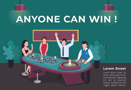 Anyone can win poster flat vector template. Man win at spinning roulette wheel. Premium entertainment. Brochure, booklet one page concept design with cartoon characters. Casino flyer, leafletのイラスト素材