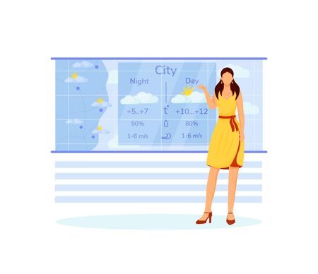 Weather forecast flat color vector faceless character. Elegant woman near display with daily temperature. Fashionable female weatherman. Meteorological broadcast isolated cartoon illustrationのイラスト素材
