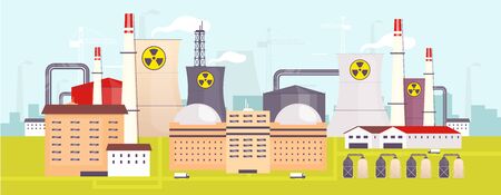 Nuclear power plant flat color vector illustration. Industrial facility 2D cartoon landscape with atomic reactors on background. Energy manufacturing station, electricity production factory panoramaのイラスト素材