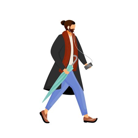 Man with beard in coat flat color vector faceless character. Male hipster with beard walk with umbrella. Guy listen to music on smartphone while walking. Cold weather isolated cartoon illustrationのイラスト素材