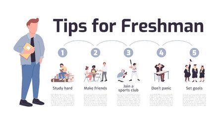 Tips for freshman flat color vector informational infographic template. Student lifestyle poster, booklet, PPT page concept design with cartoon characters. Advertising flyer, leaflet, info banner ideaのイラスト素材