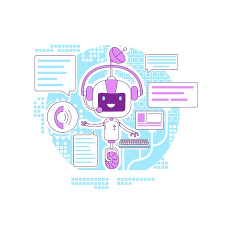 Chatbot app thin line concept vector illustration. Internet communication application. Online support service robot 2D cartoon character for web design. Automated answering program creative ideaのイラスト素材