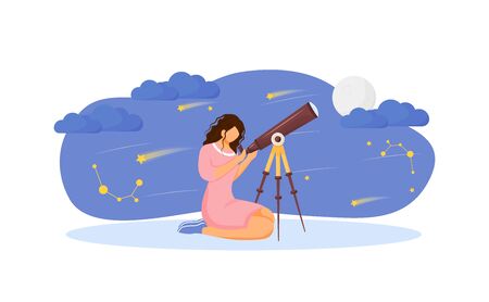 Girl with telescope flat concept vector illustration. Woman search for constellation 2D cartoon character for web design. Look at stars and moon with tool. Night sky observation creative ideaのイラスト素材