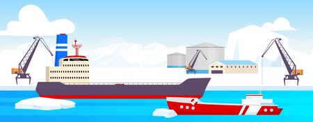 Polar station flat color vector illustration. Arctic port 2D cartoon landscape with glaciers on background. North pole resources mining facility. Industrial site with tankers, freight shipsのイラスト素材