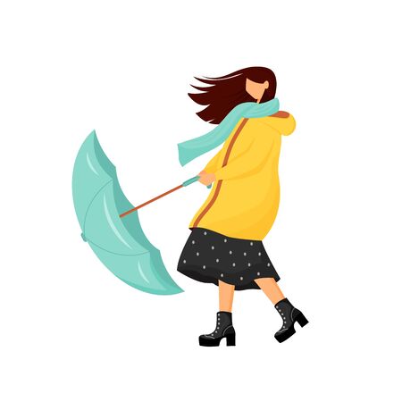 Woman with umbrella at storm flat color vector faceless character. Rainy autumn outfit for female. Raincoat for outdoor walk in cold season. Windy weather isolated cartoon illustrationのイラスト素材