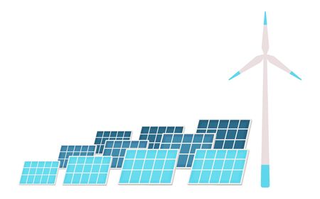 Solar panels and wind turbine flat color vector objects set. Sustainable, eco friendly power station...