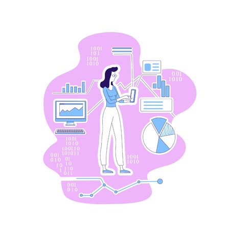 Data scientist thin line concept vector illustration. Female IT information analyst, woman with gadgets 2D cartoon character for web design. Data analysis, machine learning creative ideaのイラスト素材