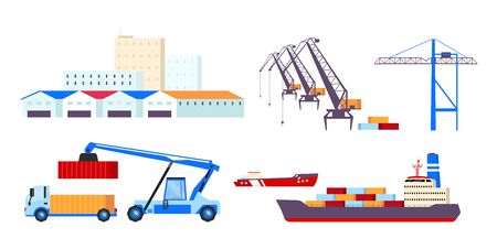 Maritime transportation flat color vector objects set. Freight ships, cargo containers, heavy cranes and warehouses 2D isolated cartoon illustrations on white background. Freight shipping businessのイラスト素材