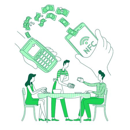 Mobile wallet, contactless payment thin line concept vector illustration. Person paying bill with smartphone 2D cartoon character for web design. NFC, epayment, money transaction creative ideaのイラスト素材