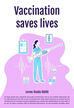 Vaccination saves lives poster flat silhouette vector template. Virus prevention. Brochure, booklet one page concept design with cartoon characters. Medical procedure flyer, leaflet with text spaceのイラスト素材