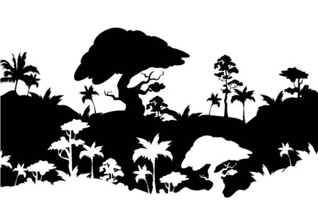 Jungle black silhouette vector illustration. Subtropical rainforest foliage. Trees and palms on hills. Panoramic wild nature. Tropical monochrome landscape. Exotic woods 2d cartoon shapeのイラスト素材