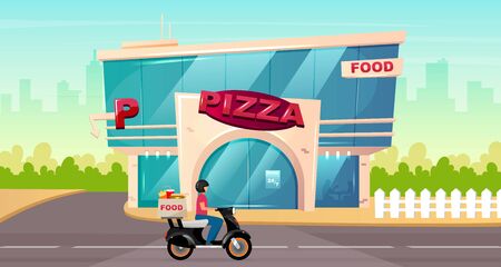 Pizza place on street flat color vector illustration. Fast food delivery on motorbike. Cafe exterior by sidewalk. Modern 2D cartoon cityscape with glass urban building on backgroundのイラスト素材