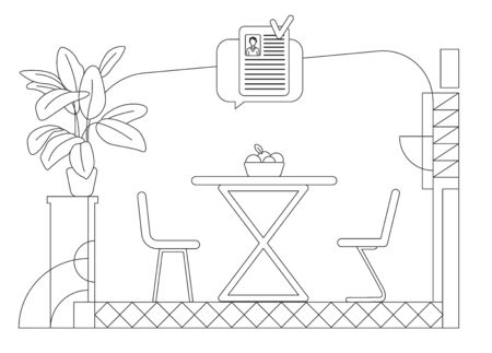 Place for job interviews outline vector illustration. Negotiation room, corporate meeting place contour composition on white background. Empty room and speech bubble approved CV simple style drawingのイラスト素材