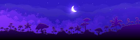 Jungle flat color vector illustration. Night forest scenery. Panoramic woods with cresent moon. Tropical scenic nature with moonlight. Rainforest 2D cartoon landscape with layers on backgroundのイラスト素材
