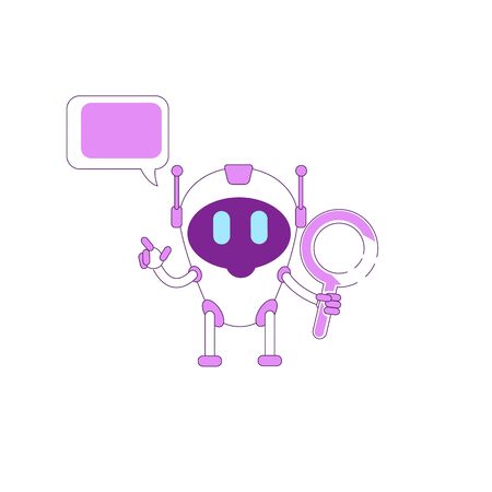 Virtual assistant flat color vector character. Boy bot with magnifying glass. Smart Ai. Purple humanoid robot with speech bubble isolated cartoon illustration for web graphic design and animationのイラスト素材