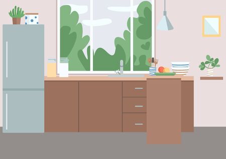 Kitchen flat color vector illustration. Residential house furniture. Fridge near cabinets. Kitchenware, utensils and appliances on counter. Dining room 2D cartoon interior with window on backgroundのイラスト素材