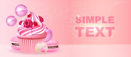 Confectionery realistic vector product ads banner template. Cupcake, macaroons and candies 3d mock up design. Sweet stuff advertisement horizontal printable flyer, brochure with text spaceのイラスト素材