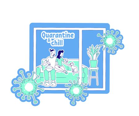 Quarantine and chill thin line concept vector illustration. Couple sit on couch with pet cat. Man and woman relax together. Family 2D cartoon characters for web design. Self isolation creative ideaのイラスト素材