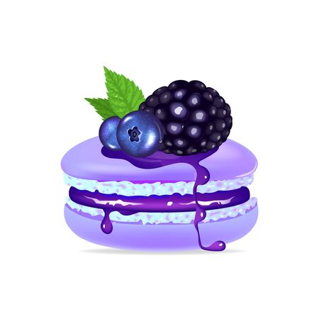 Macaroon, creamy dessert with mint and berries realistic vector illustration. Purple meringue, tasty biscuit, french confectionery. Homemade sweet bakery 3d isolated object on white backgroundのイラスト素材