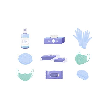 Personal hygiene and disinfection products flat color vector objects set. Respirators and gloves, disposable wipes and antiseptic spray 2D isolated cartoon illustrations on white backgroundのイラスト素材