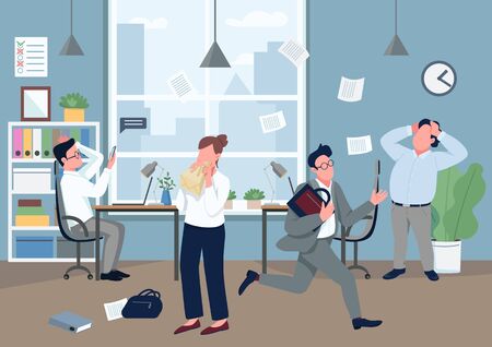 Panic in office flat color vector illustration. Company employee with panic attack 2D cartoon character with stressed coworkers on background. Stressful situation, mass hysteria. Business crisisのイラスト素材