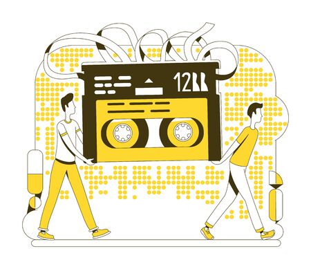 Audio cassette thin line concept vector illustration. People carrying magnetic tape 2D cartoon characters for web design. Old fashioned data storage device, vintage technology creative ideaのイラスト素材