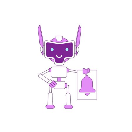 Cute modern robot with bell violet linear object. Futuristic notification service bot thin line symbol. AI smiling cyborg toy isolated outline illustration on white backgroundのイラスト素材