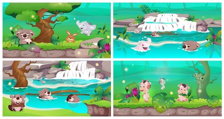 Jungle flat color vector illustrations set. Cute animal babies swim in clear water. Wildlife sanctuary. Conservation with exotic nature. Rainforest oasis. Tropical forest 2D cartoon landscapeのイラスト素材