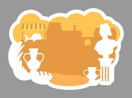 Ancient greek market 2D vector web banner, poster. Trading for roman artifacts. Antique shop flat scenery on cartoon background. Ancient period store printable patches, colorful web elementsのイラスト素材