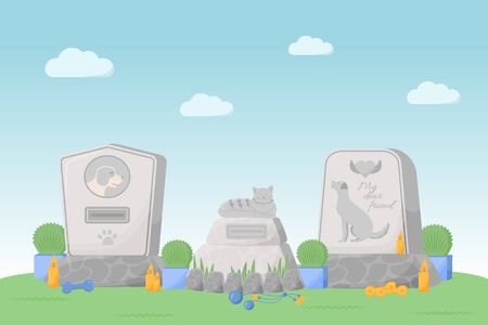 Pet memorial flat color vector illustration. Tomb stones with cat and dog portrait. Grave for puppy. Cemetery to bury domestic animal. Pet graveyard 2D cartoon landscape with sky on backgroundのイラスト素材
