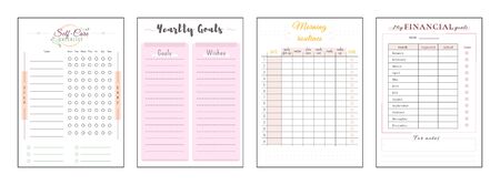 Yearly resolution minimalist planner page set. Self care checklist. Goals and wishes. Finance management. Cute pink personal organizer printable sheet layout. Vertical insert for diaryのイラスト素材