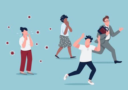 Mass hysteria flat concept vector illustration. People running from contagious person in panic 2D cartoon characters for web design. Coronavirus outbreak, covid pandemic, virus spread creative ideaのイラスト素材
