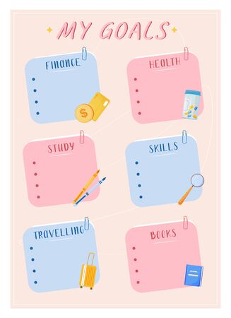 My goals creative planner page design. Plan for different category. Lifestyle pink task reminder. Yearly resolutions bullet journal color sheet. Printable diary layout. Notebook vector templateのイラスト素材