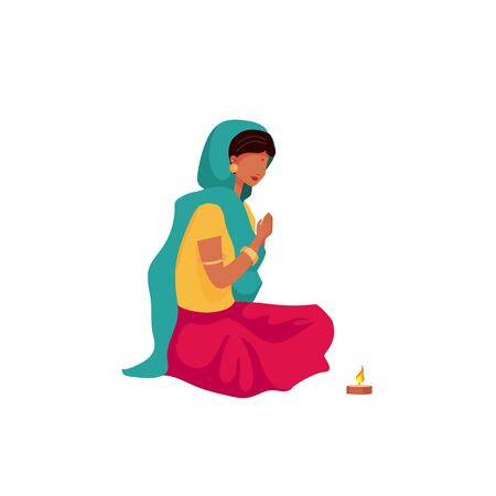 Praying indian girl flat color vector faceless character. Female in sari and scarf. Religious hindu ritual. Puja ceremony isolated cartoon illustration for web graphic design and animationのイラスト素材