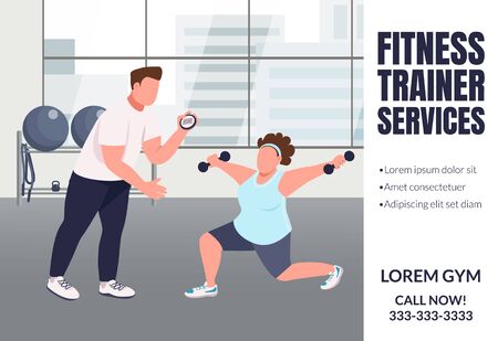 Fitness trainer services banner flat vector template. Slimming, weight loss brochure, poster concept design with cartoon characters. Sports coaching horizontal flyer, leaflet with place for textのイラスト素材