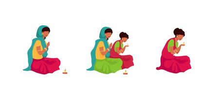 Puja ritual flat color vector faceless characters set. Traditional indian religious ceremony. Woman in saree light candle. Teej festival prayer isolated cartoon illustrations on white backgroundのイラスト素材