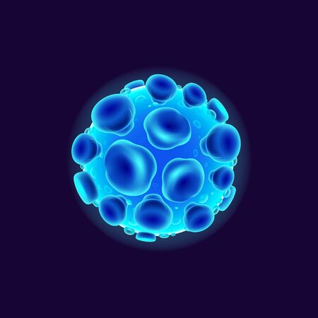 Virus realistic vector illustration. Bacterial cell. Pathogenic organism. Microbiological analysis. 3d isolated color circle shape microorganism. HPV under microscope on dark blue backgroundのイラスト素材