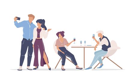 Group of friends at restaurant flat color vector faceless characters. Men and women taking selfie and drinking red wine isolated cartoon illustration for web graphic design and animationのイラスト素材