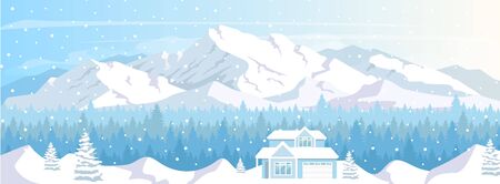 Ski resort house flat color vector illustration. Winter vacation. Lodge in snow mountains landscape. 2D cartoon characters with snowy peaks and coniferous forest on backgroundのイラスト素材