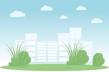 Urban park flat color vector illustration. Garden in city. Summer recreation meadow spot. Skyscraper buildings on horizon. Green lawn 2D cartoon landscape with cityscape on backgroundのイラスト素材