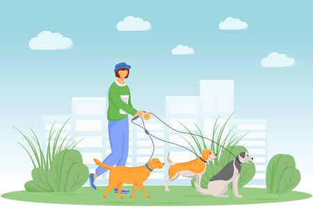 Dog walking flat color vector illustration. Day care and pet sitting. Puppy on leash. Man in park with group of domestic animals. Dog owner 2D cartoon character with cityscape on backgroundのイラスト素材