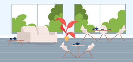 City cafe flat color vector illustration. Contemporary coffeehouse. Modern furnished restaurant. Coffee shop 2D cartoon interior with comfortable tables and chairs interior on backgroundのイラスト素材