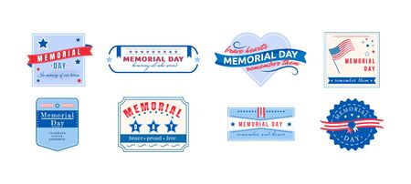 American Memorial Day flat color vector badges set. National US holiday sticker. United States celebration day patch. Annual ceremony for freedom isolated design elements collectionのイラスト素材
