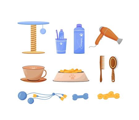 Pet care product flat color vector objects set. Comb for brushing cat hair. Dog shampoo for hygiene. Pet treat. Domestic animal accessories 2D isolated cartoon illustrations on white backgroundのイラスト素材