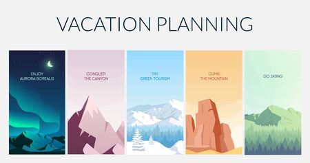 Vacation planning flat color vector informational infographic template. Holiday on nature poster, booklet, PPT page concept design with cartoon landscapes. Advertising flyer, leaflet, info banner ideaのイラスト素材