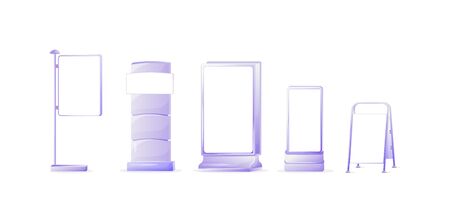 Simple vector ads board sign illustrations set. Metal lightbox. Commercial billboard mockup designs pack with copyspace. Stand with empty screen isolated objects collection. Announcement bannersのイラスト素材