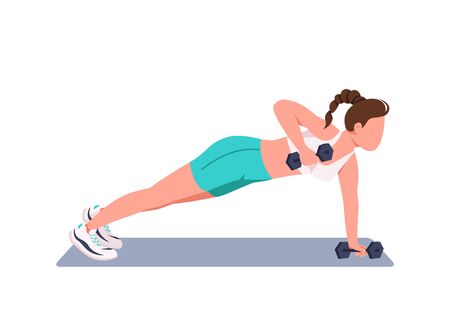 Woman doing push ups with dumbbells flat color vector faceless character. Young sportswoman, fitness instructor working out at home isolated cartoon illustration for web graphic design and animationのイラスト素材
