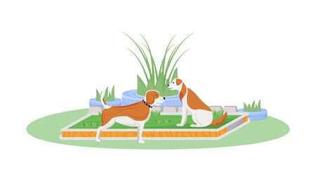 Dogs on lawn flat color vector character. Cute puppy in backyard garden. Domestic animal walk outside. Pet sitting isolated cartoon illustration for web graphic design and animationのイラスト素材
