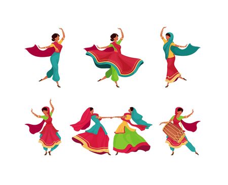 Indian holiday celebration flat color vector faceless characters set. Diwali holiday performance. Woman in saree dance. Teej festival isolated cartoon illustrations on white backgroundのイラスト素材